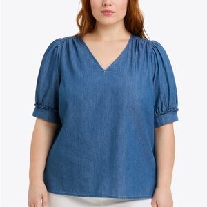 Draper James Heidi V Neck‎ Top In Chambray- Puff Sleeve Blouse